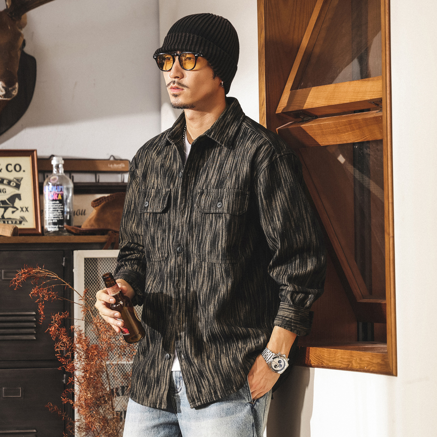 美式重磅復古牛仔襯衫外套男秋季寬鬆潮流提花條紋襯衣工裝夾克男