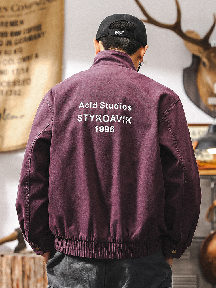 美式復古紫色工裝外套男春秋款潮牌2025新款寬鬆飛行員夾克男短款