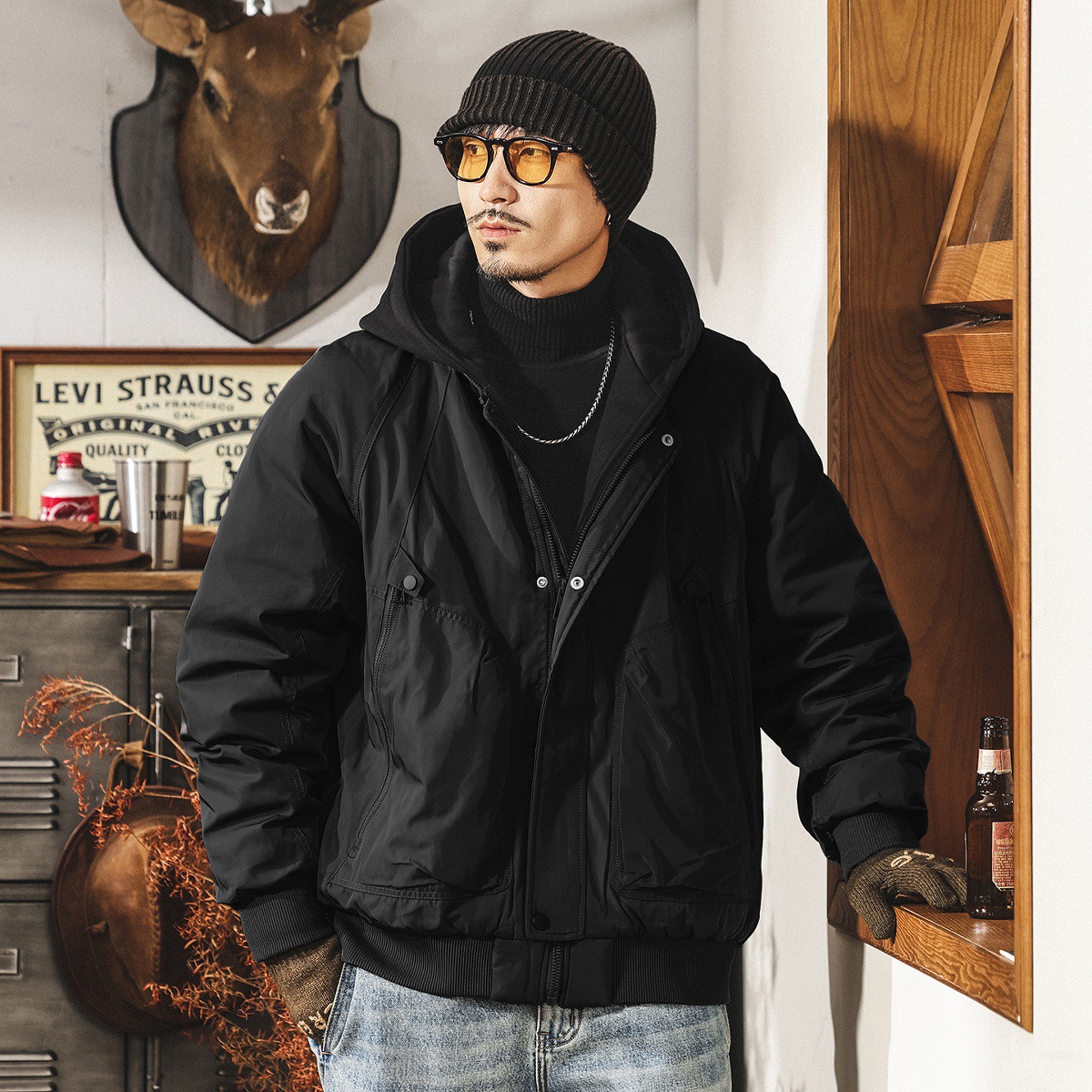 美式復古假兩件工裝羽絨服男冬季加厚90%白鴨絨禦寒保暖連帽外套