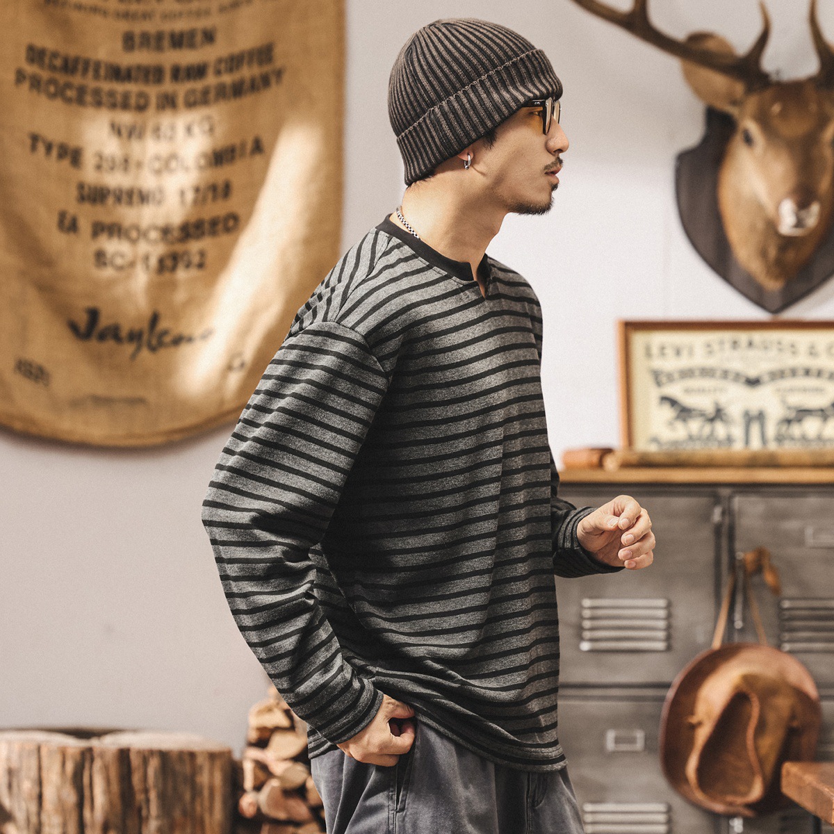 美式復古潮流條紋長袖t恤男秋季2025新款潮牌寬鬆海魂衫v領上衣男