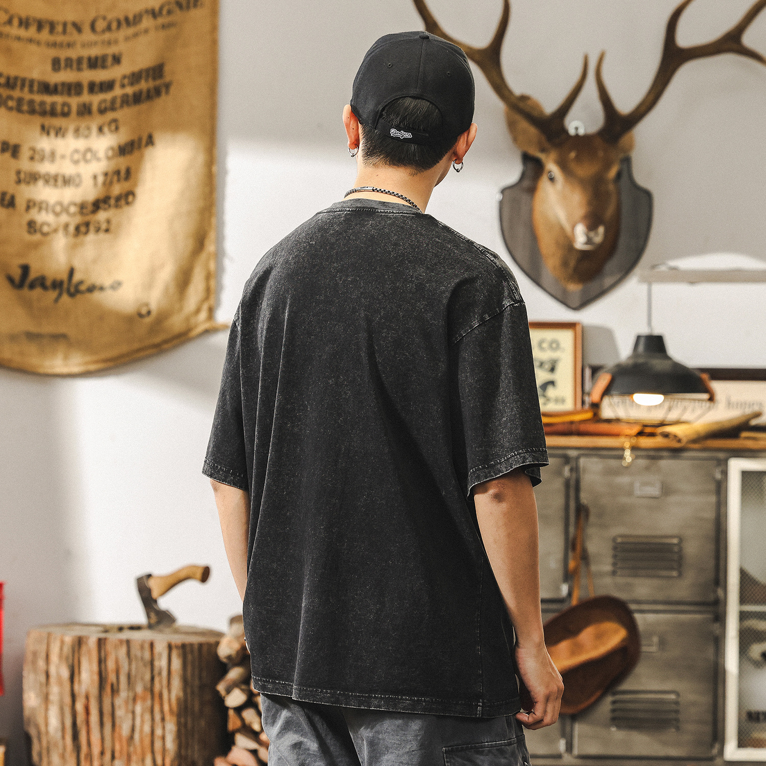 美式復古做舊炒雪花水洗短袖T恤男夏季潮牌日系寬鬆休閒上衣