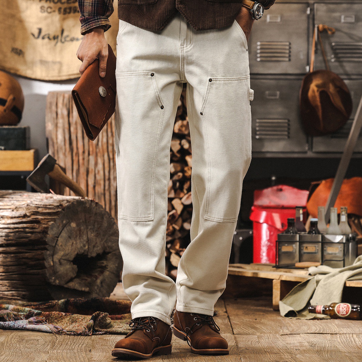 美式復古白色牛仔褲男秋季新款工裝褲子男秋季寬鬆直筒男士休閒褲