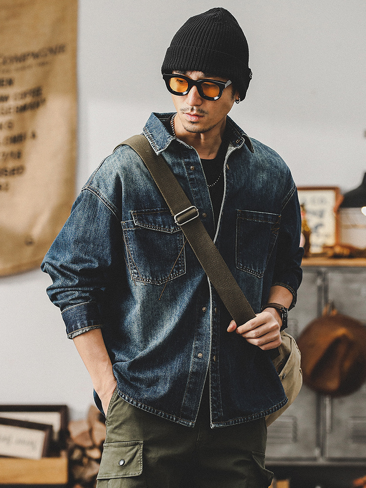 美式復古經典工裝襯衫男長袖2024賽絡紡高級感牛仔外套男春季夾克