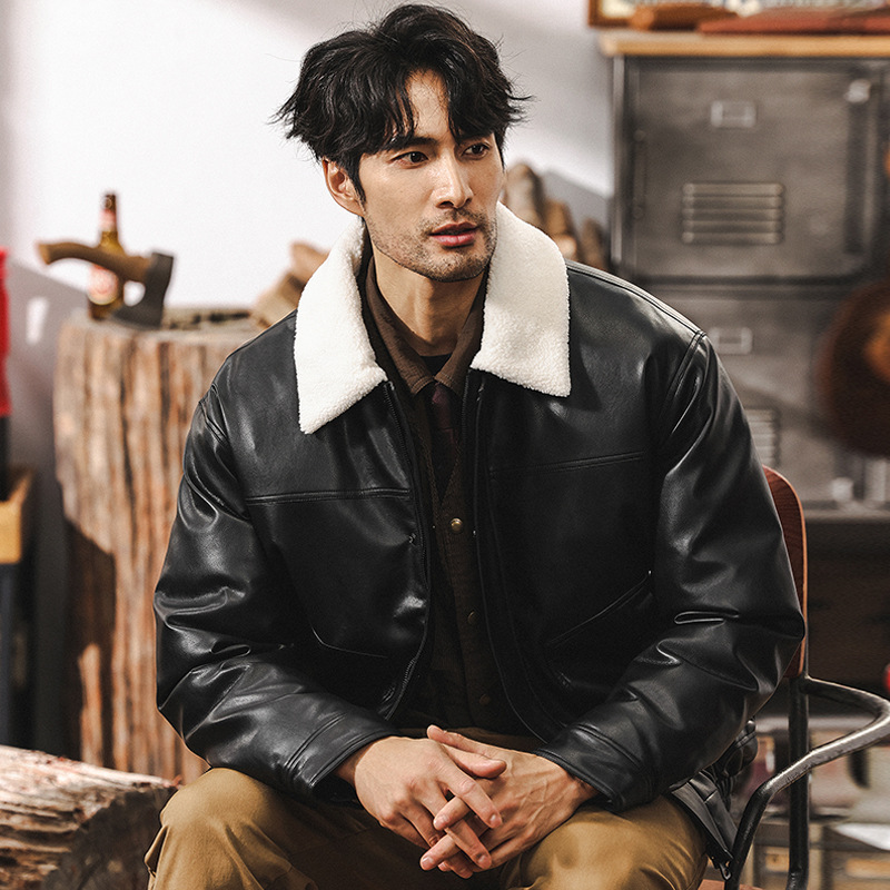 新國標90鴨絨美式復古皮衣羽絨服男冬季加厚羊羔毛領男士秋冬外套