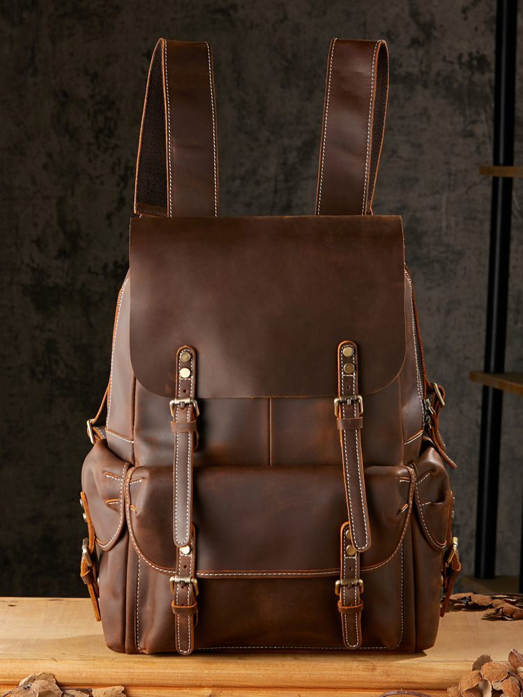 手工牛皮復古雙肩包男真皮戶外旅行背包男士百搭瘋馬皮男包電腦包