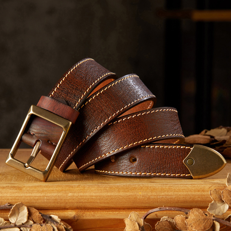 手工復古頭層牛皮針扣皮帶男士真皮個性百搭純銅扣頭牛仔褲腰帶潮