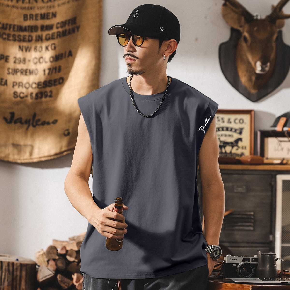 夏季新款涼感健身背心男潮牌寬鬆坎肩休閒大碼夏季無袖t恤男上衣