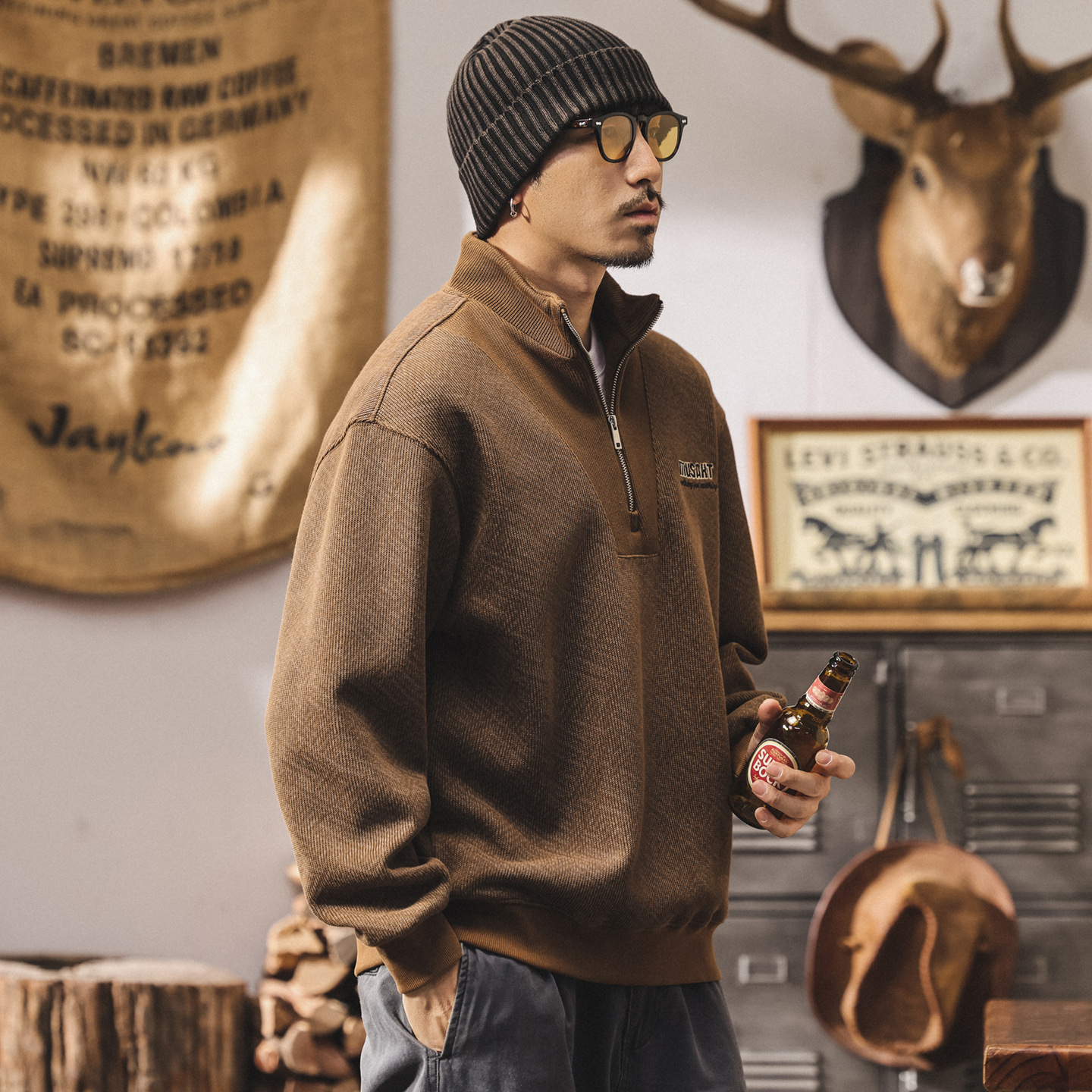 美式復古半拉鍊衛衣男春秋寬鬆400g重磅潮牌外套男秋冬新款上衣男