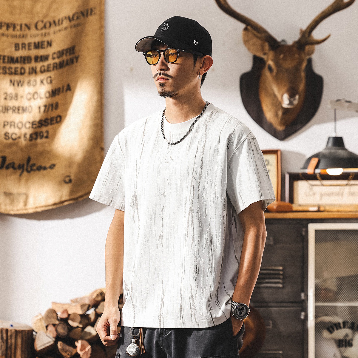 高級感提花男士短袖t恤夏季2025新款潮流美式上衣男休閒半袖體恤