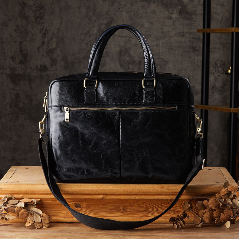 手工頭層牛皮公文包男士真皮大容量單肩斜挎包植鞣牛皮商務手提包