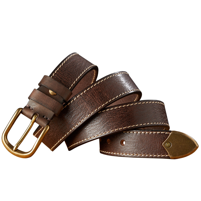 手工復古牛皮男士針扣皮帶頭層純牛皮黃銅休閒工裝牛仔褲真皮腰帶