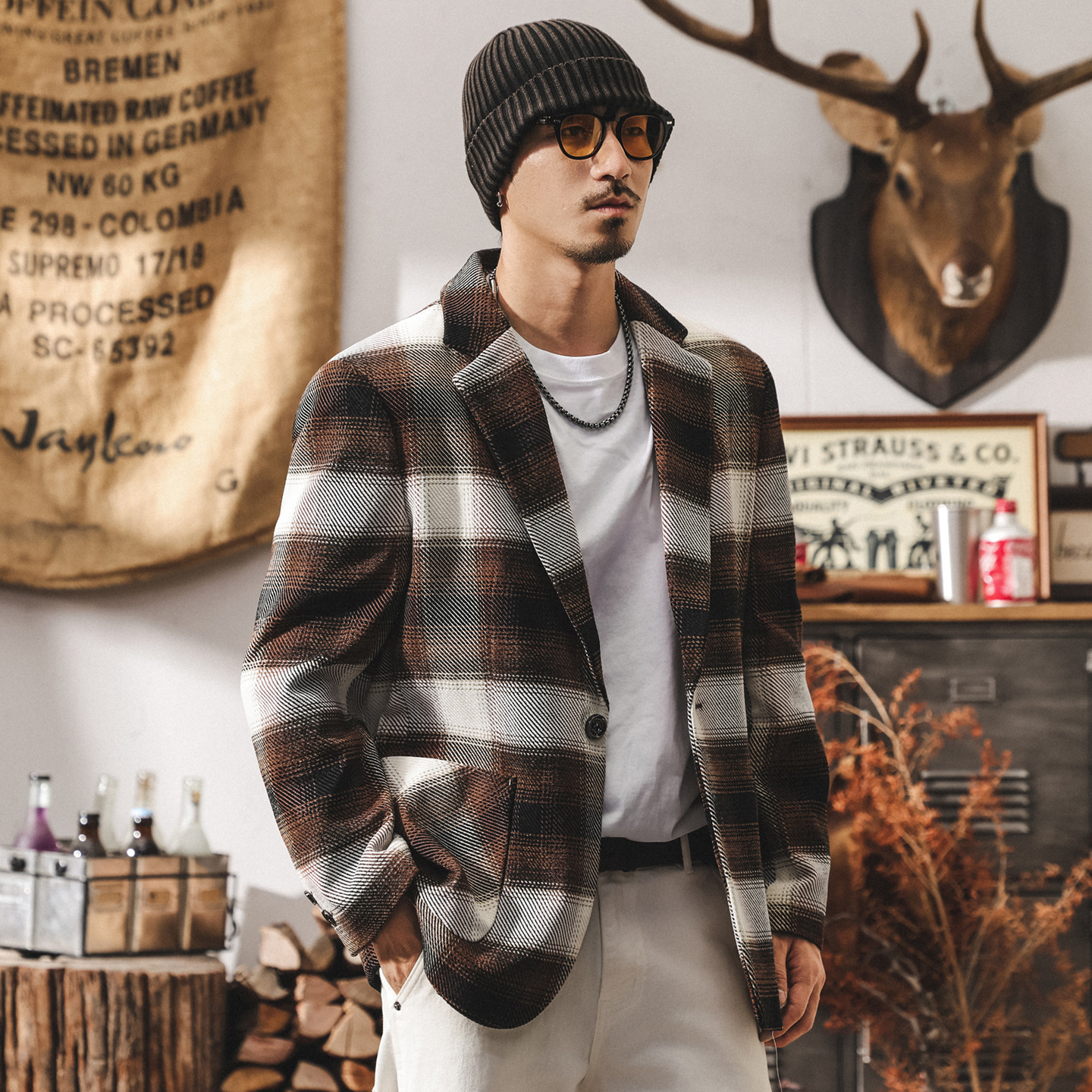 美式復古色織格紋西裝外套男冬季新款潮牌高級感通勤休閒寬鬆西服