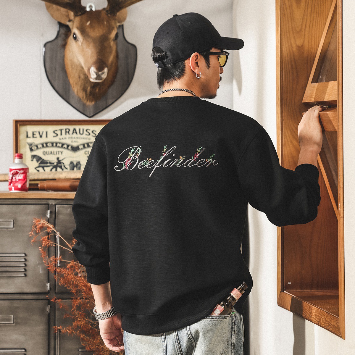 美式復古竹節重磅衛衣男春秋新款潮流彩色刺繡寬鬆大碼男士秋上衣