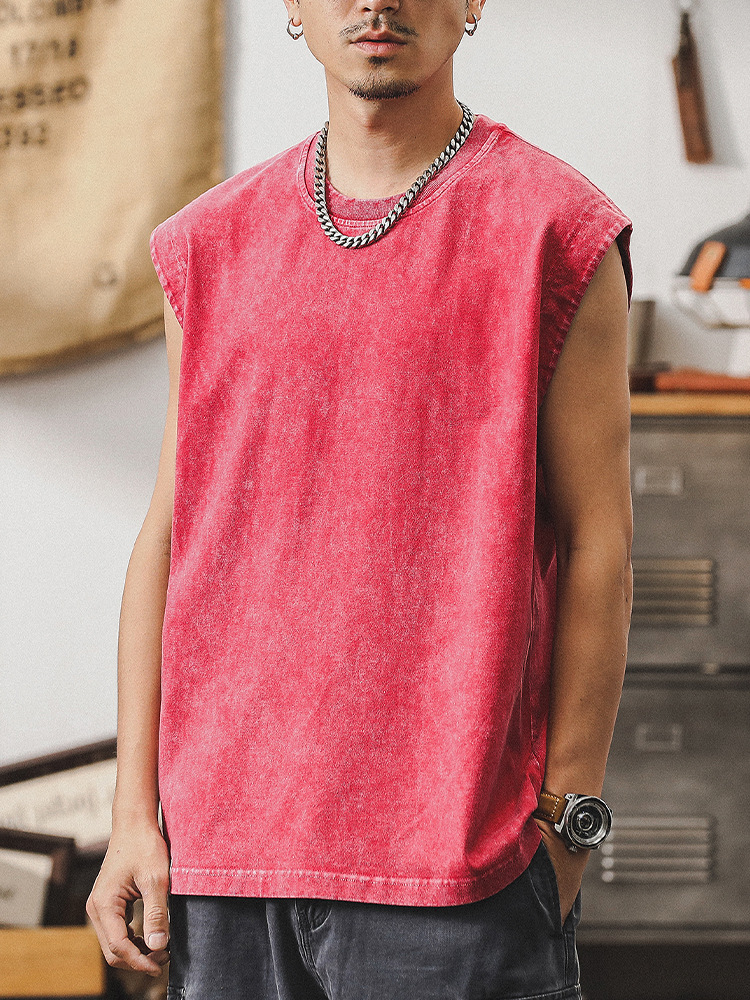 美式做舊水洗背心男款潮流夏季運動無袖男T恤健身寬鬆坎肩上衣潮