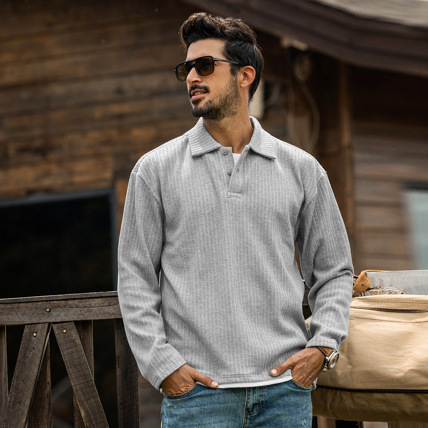 美式復古長袖Polo衫男春季新款提花針織重磅T恤潮流假兩件上衣男