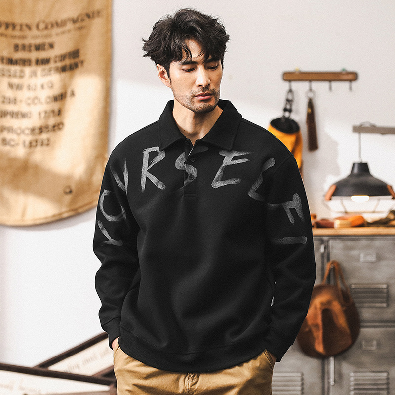 美式重磅380g復古長袖polo衫男秋季寬鬆2024新款珠地棉休閒衛衣男