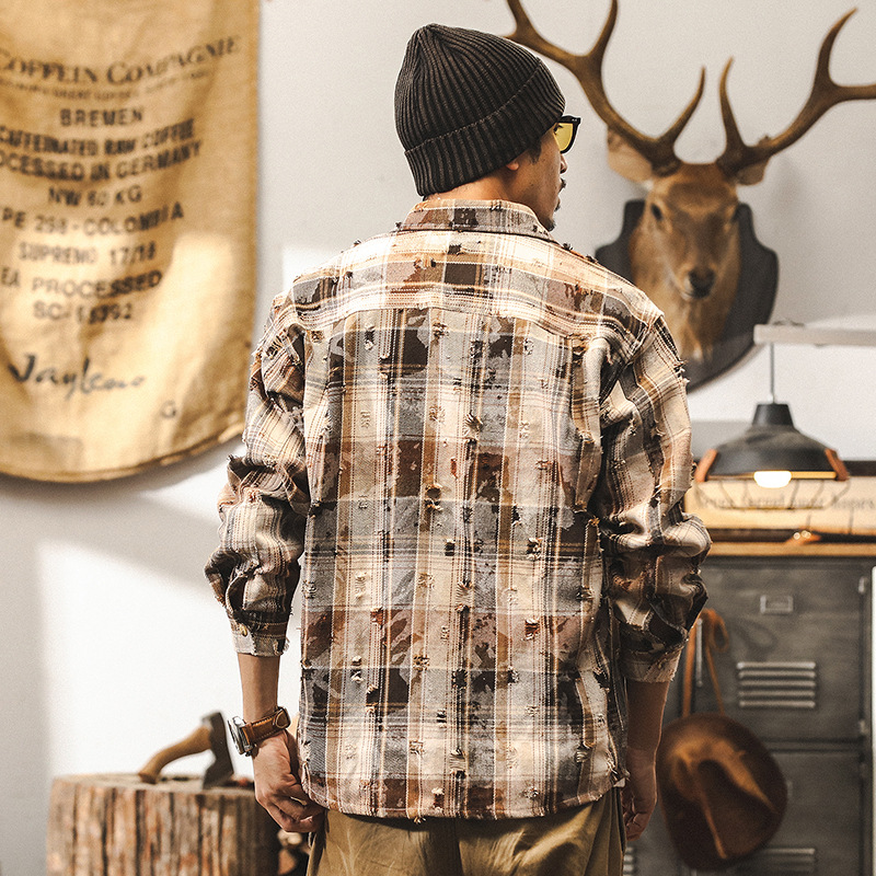 美式復古300g重磅色織格子襯衫男秋季新款痞帥破洞戰損襯衣外套男