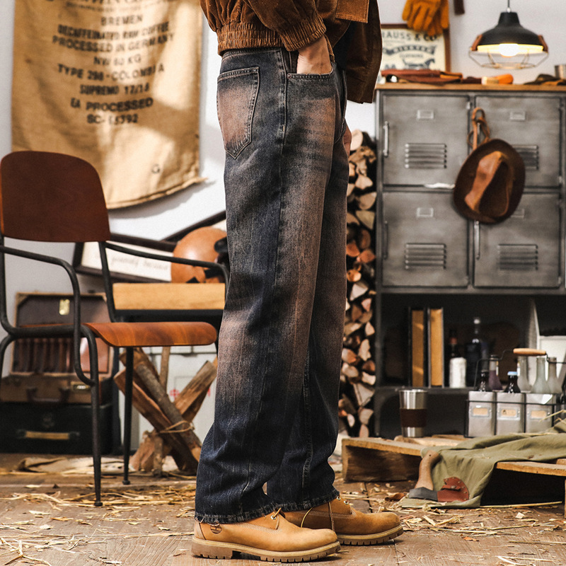 美式復古重磅紅泥漸變牛仔褲男秋季寬鬆潮牌2024新款直筒休閒男褲