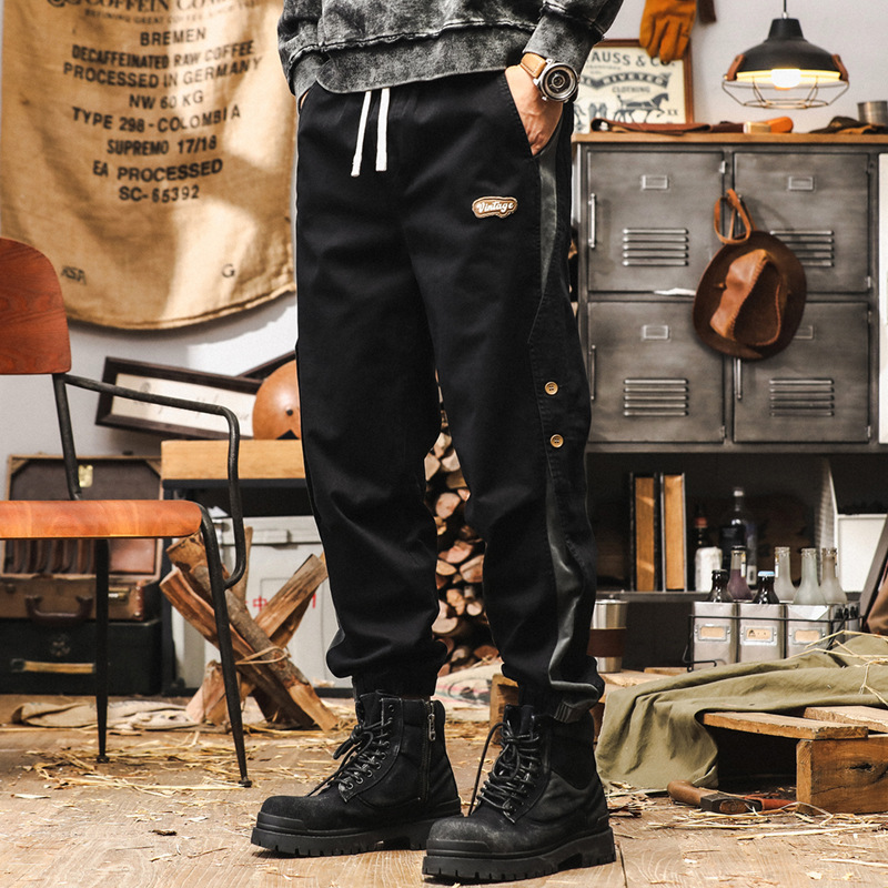 美式重磅復古工裝褲子男秋季2024新款寬鬆潮牌束腳黑色男士休閒褲
