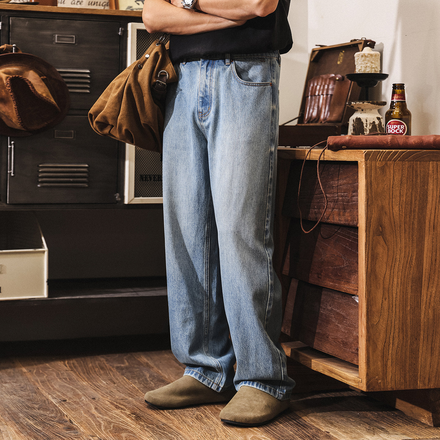 美式復古萊賽爾直筒牛仔褲男春季潮牌闊腿褲子男寬鬆垂墜感休閒褲