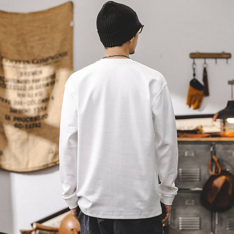 美式重磅長袖T恤男秋季潮牌雙口袋設計體恤男款百搭寬松白色上衣T