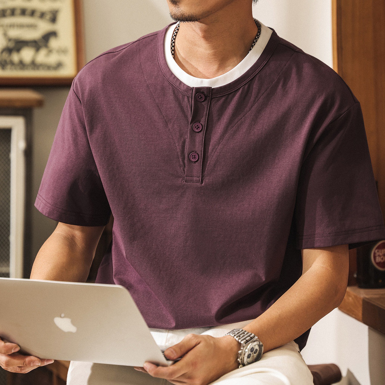 美式復古假兩件涼感T恤男士短袖夏季寬鬆紫色潮流亨利領Polo衫男