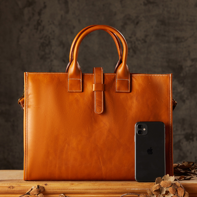 手工植鞣牛皮手提包電腦包男士頭層牛皮商務包簡約真皮單肩斜挎包