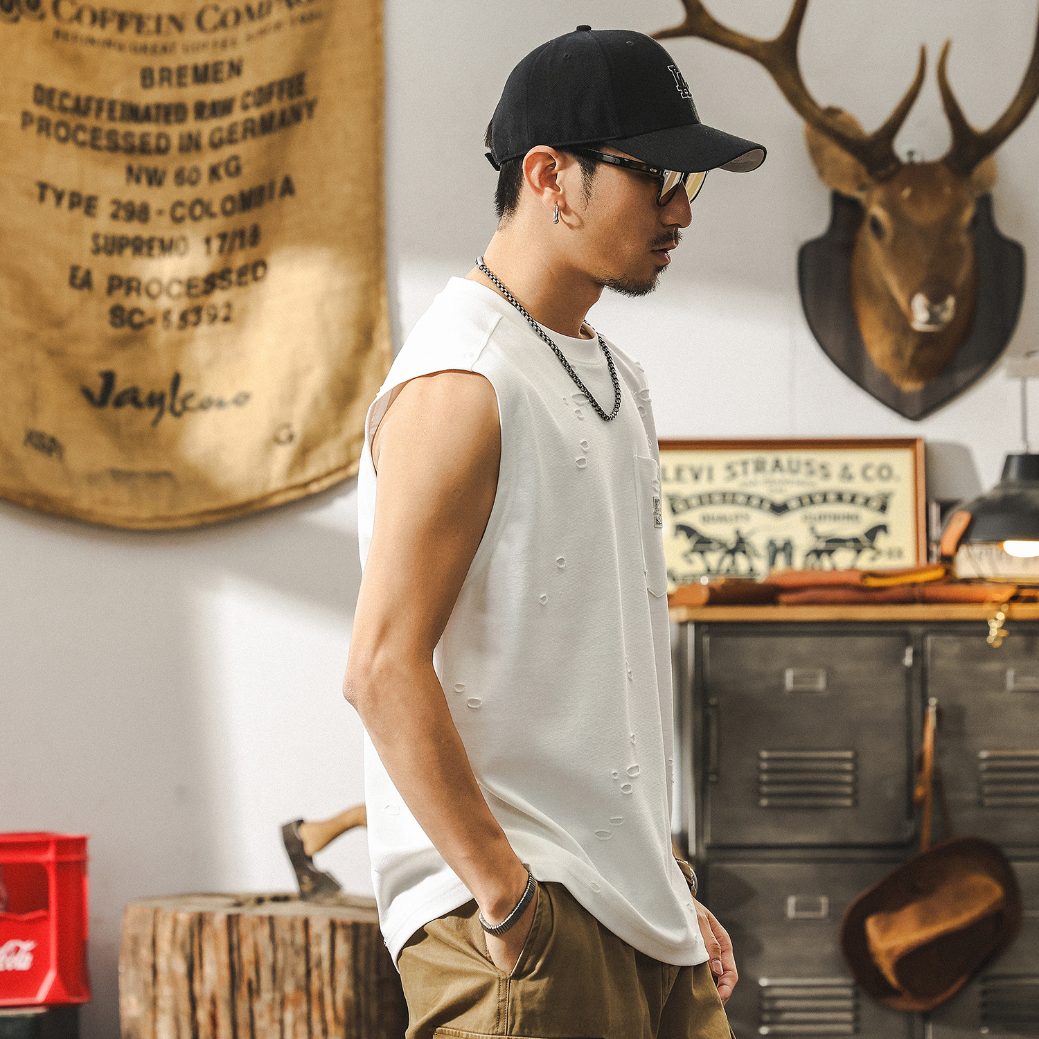 健身運動背心男款夏季潮牌破洞肌理感短袖男寬鬆白色T恤無袖上衣T