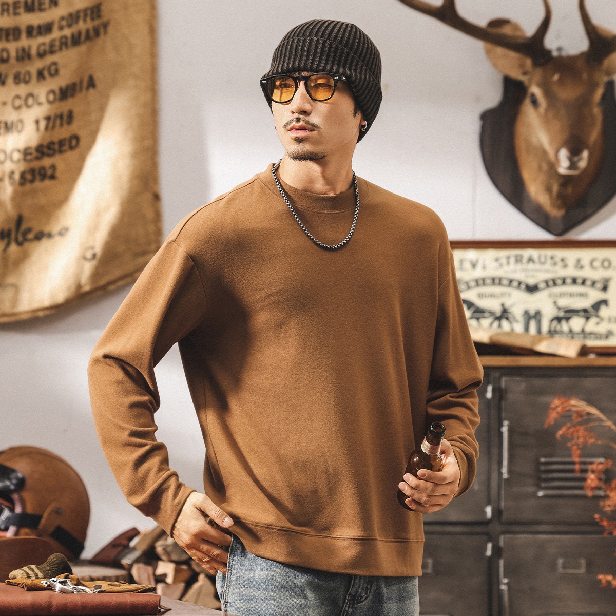 美式復古秋冬保暖親膚德絨打底衫男士春秋新款純色內搭長袖t恤男