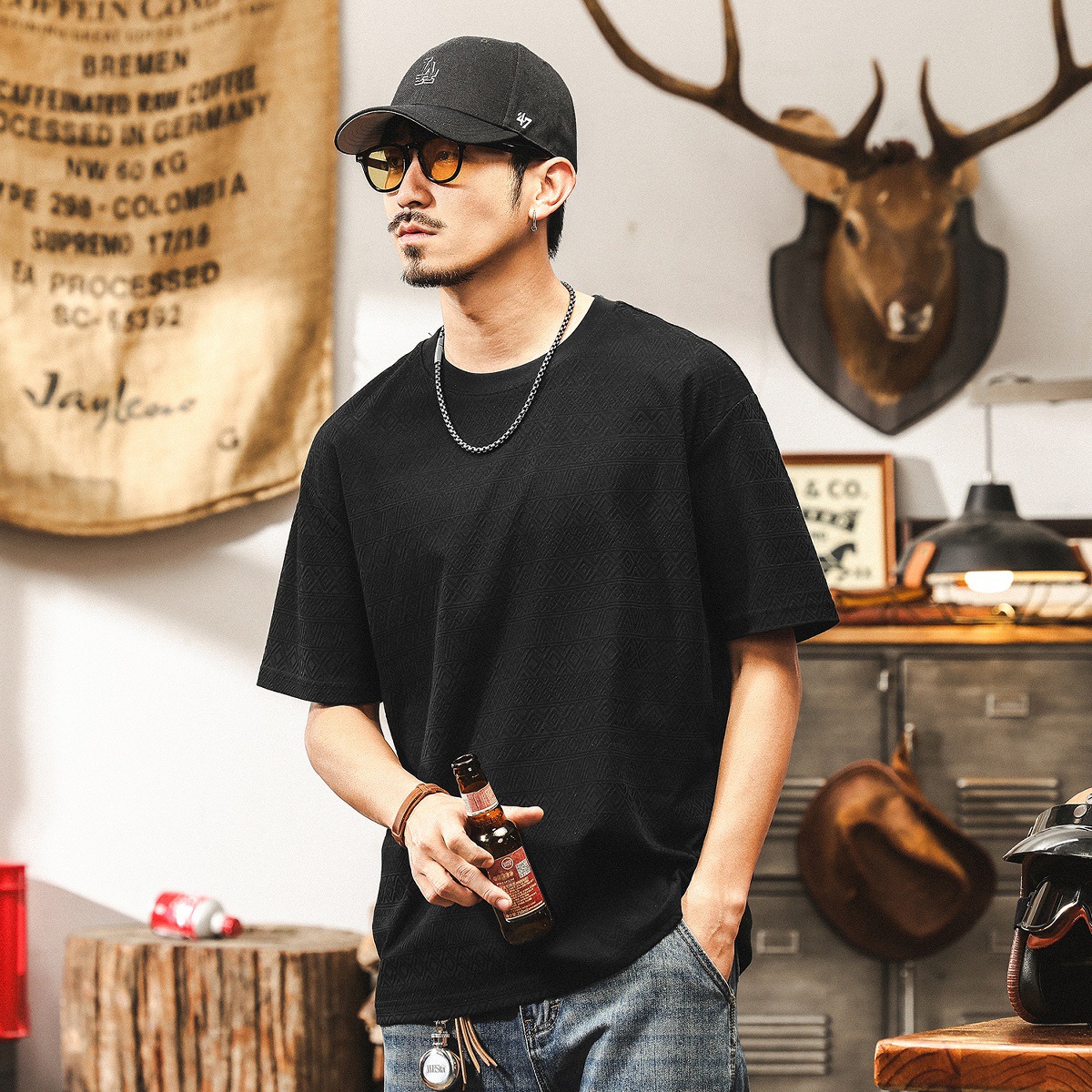 美式復古高級感提花紋理男士T恤夏季短袖2025新款潮牌寬鬆上衣男