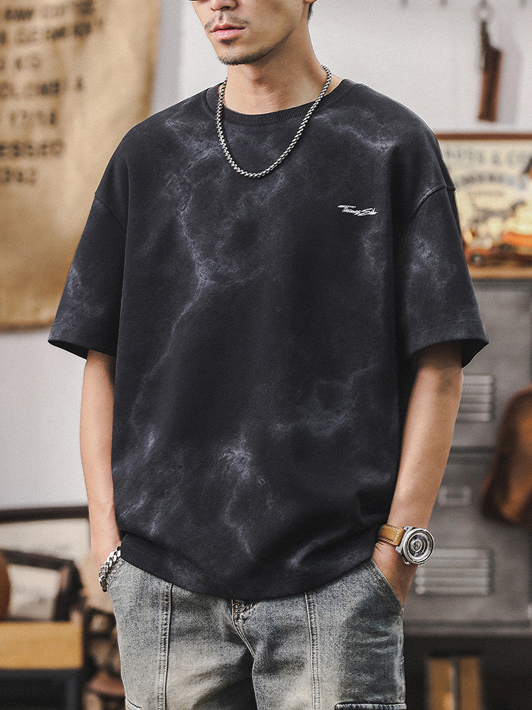 美式潮牌短袖男夏季宽松扎染水洗重磅T恤男士2024新款半袖体恤男