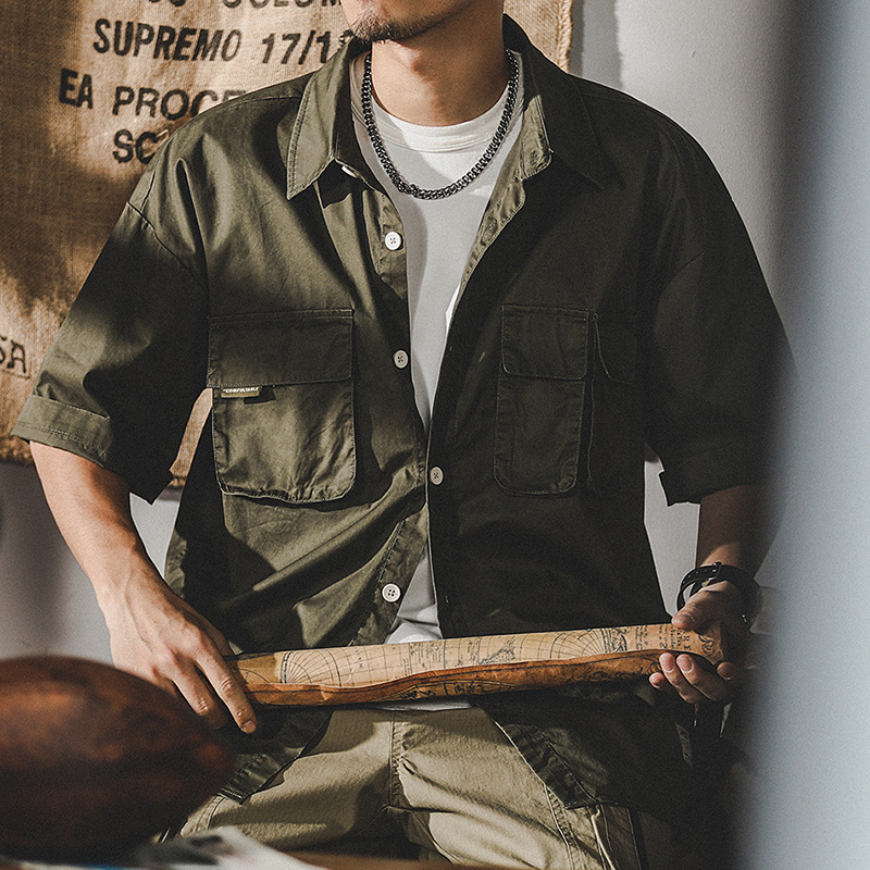 美式復古工裝襯衫男短袖夏季水洗做舊廓形寬鬆日系大碼襯衣男上衣