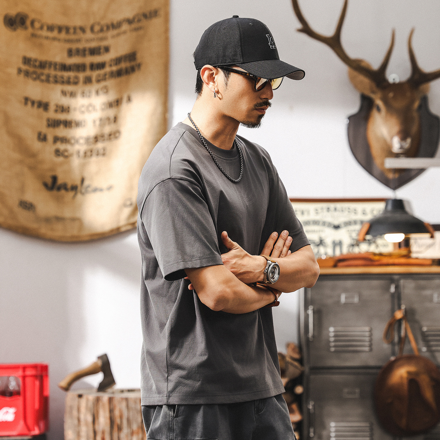 美式復古短袖T恤男夏季2025新款潮流高級感南瓜滿印男士休閒上衣