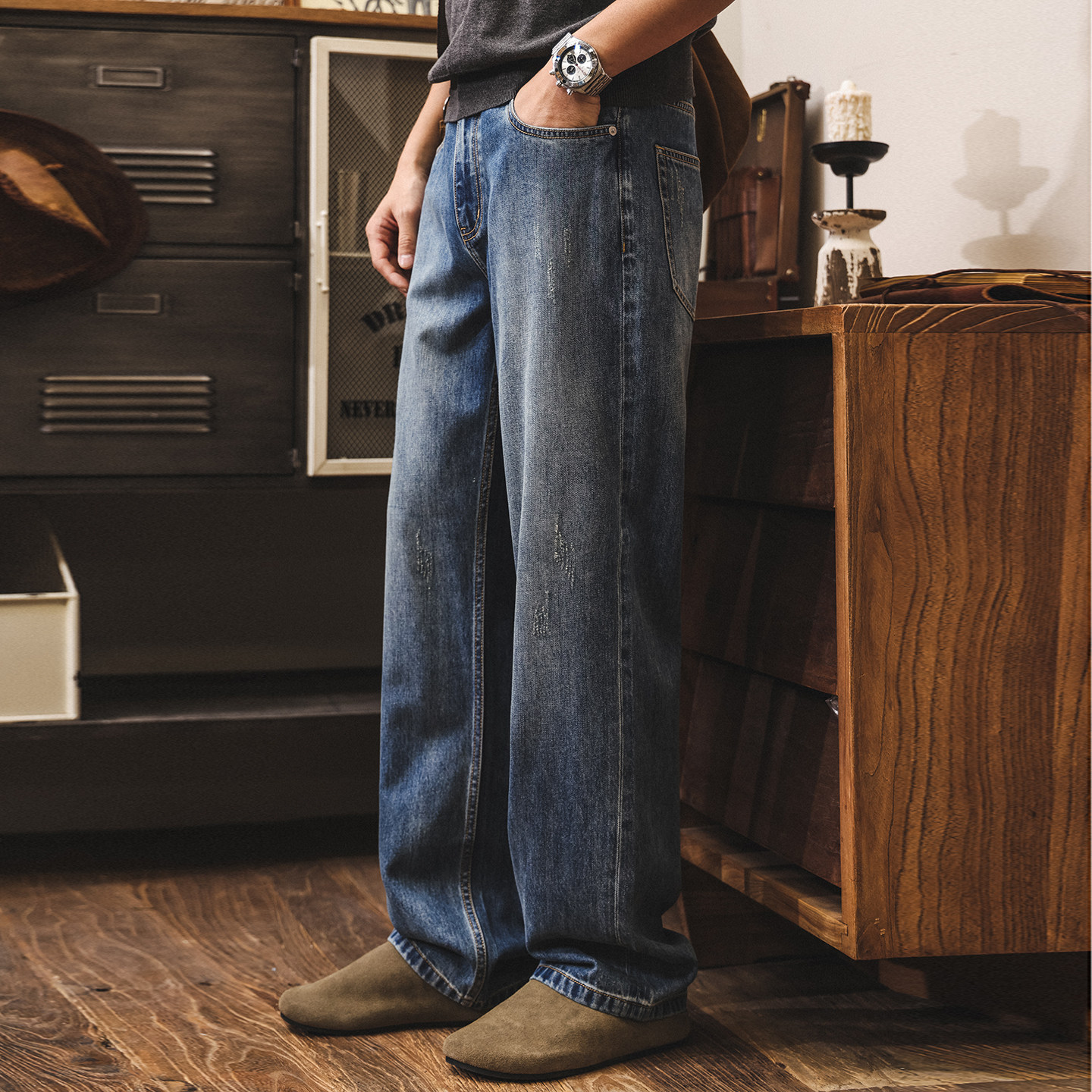 萊賽爾春季牛仔褲男2026新款美式復古潮牌寬鬆直筒水洗男士休閒褲