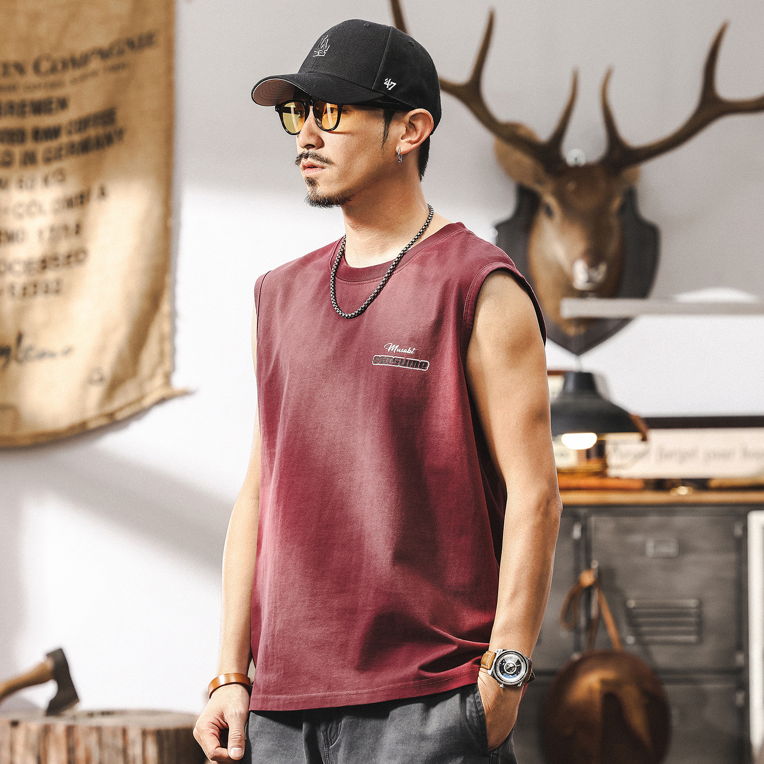 260g重磅無袖T恤男夏季2025新款潮牌漸變水洗運動健身背心男