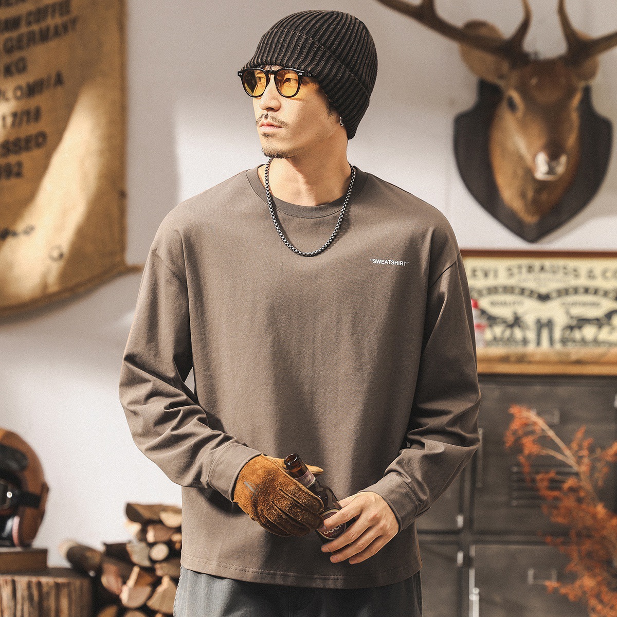 美式復古秋季長袖T恤男2025新款寬鬆男裝潮牌休閒男士透氣上衣潮T