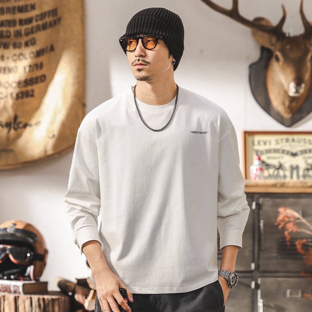 美式復古秋季長袖T恤男2025新款寬鬆男裝潮牌休閒男士透氣上衣潮T