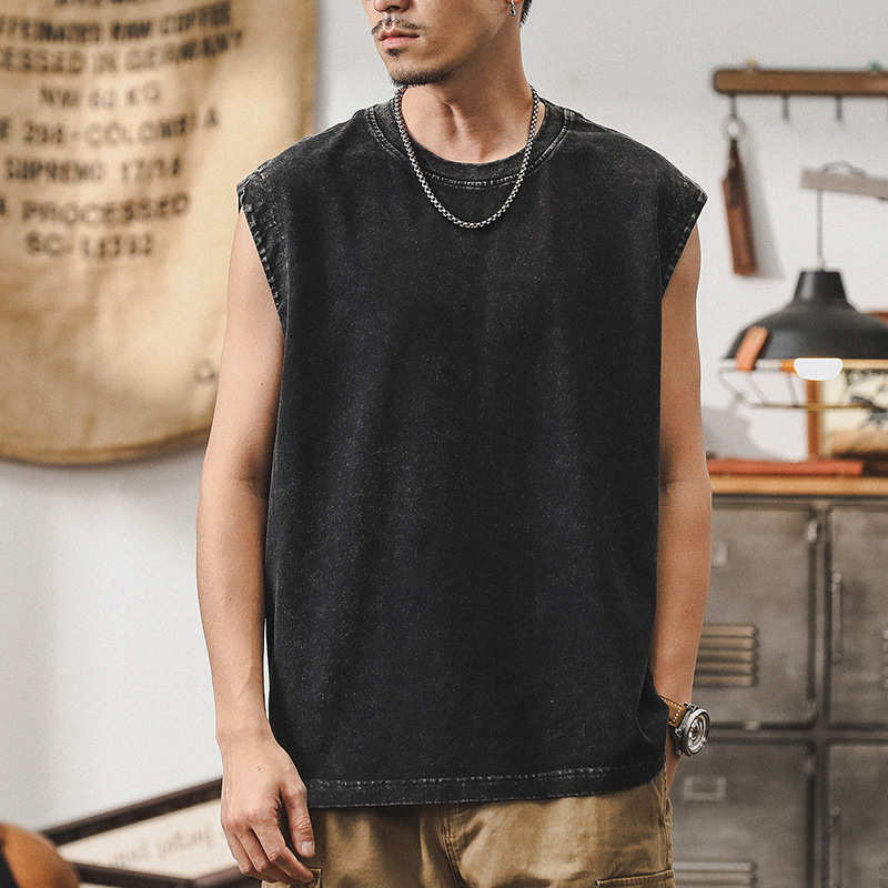 美式做舊水洗背心男款潮流夏季運動無袖男T恤健身寬鬆坎肩上衣潮