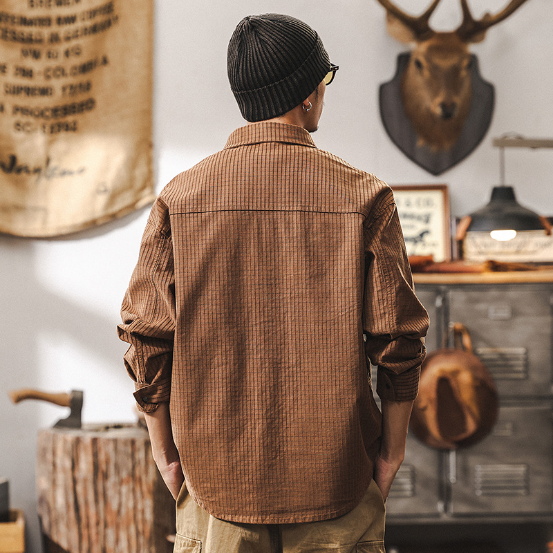 美拉德復古格子襯衫男美式春季2025新款美系潮牌寬鬆休閒長袖襯衣