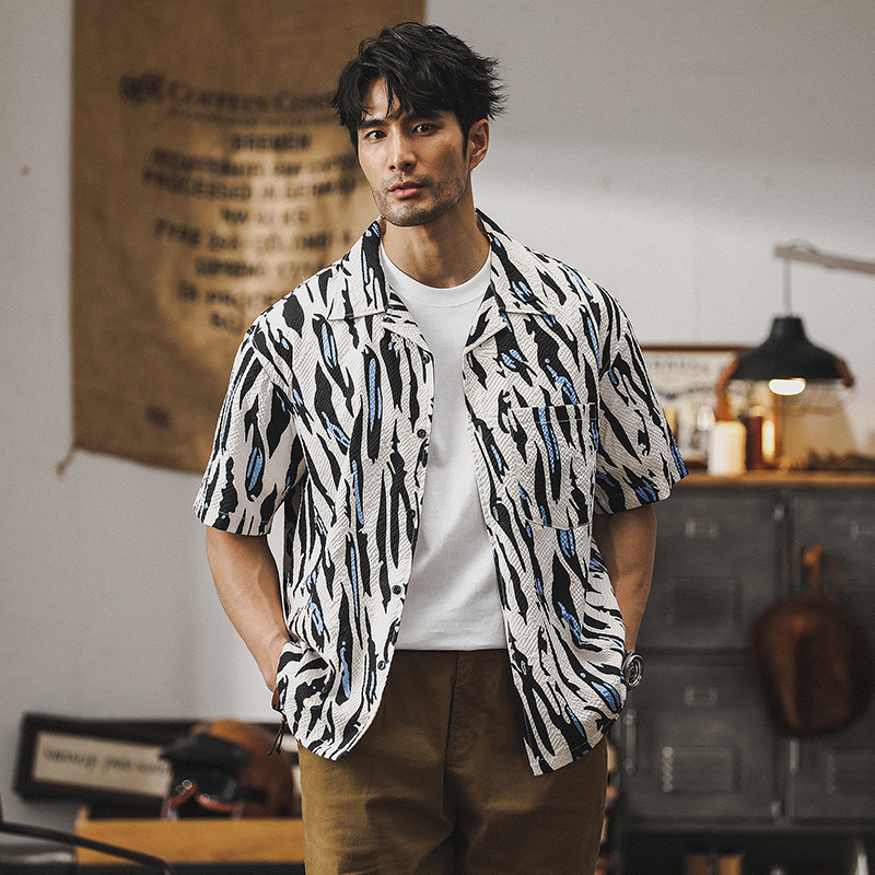 美式經典泡泡紗襯衫男短袖夏季薄款寬鬆古巴領夏威夷痞帥花襯衣男