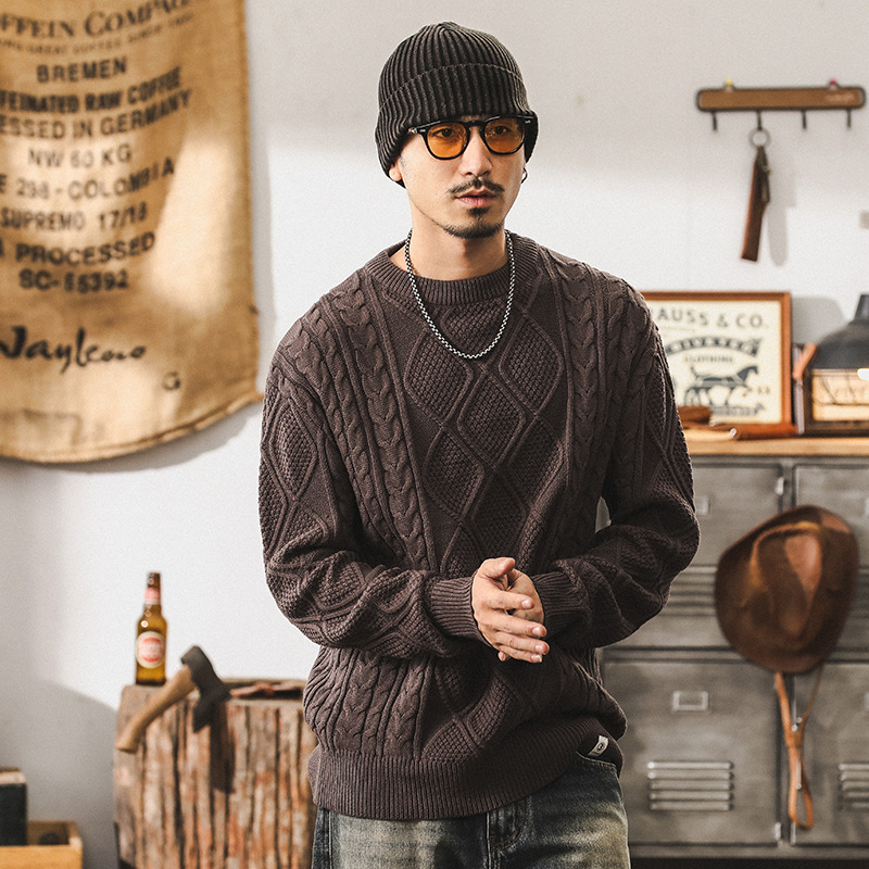 美式重磅復古毛衣男冬季加厚慵懶風潮牌寬鬆大碼扭花粗線針織衫男