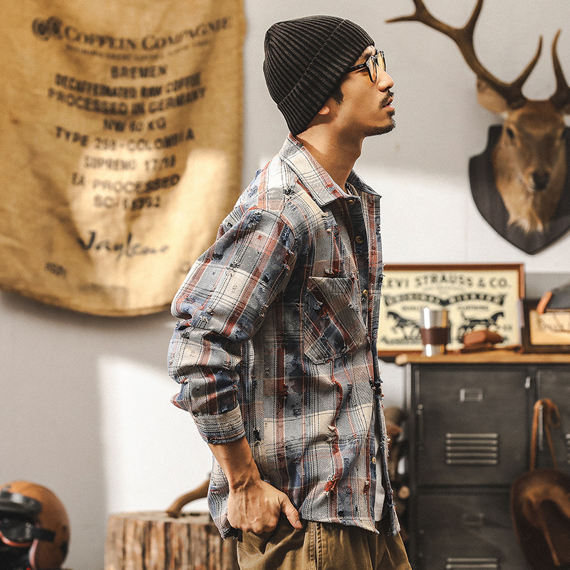 美式重磅復古色織格子襯衫男秋季潮牌破洞設計感寬鬆痞帥襯衣外套