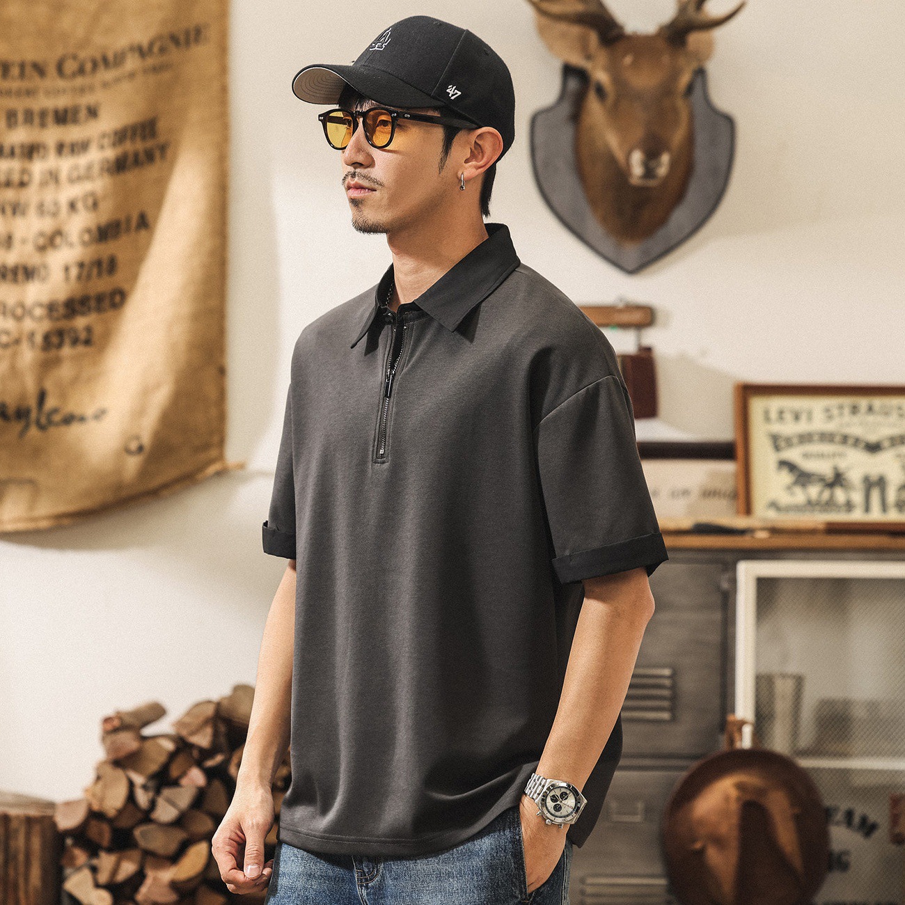 莫代爾涼感糯滑果凍棉T恤男夏季短袖男款寬鬆大碼美式潮牌上衣男