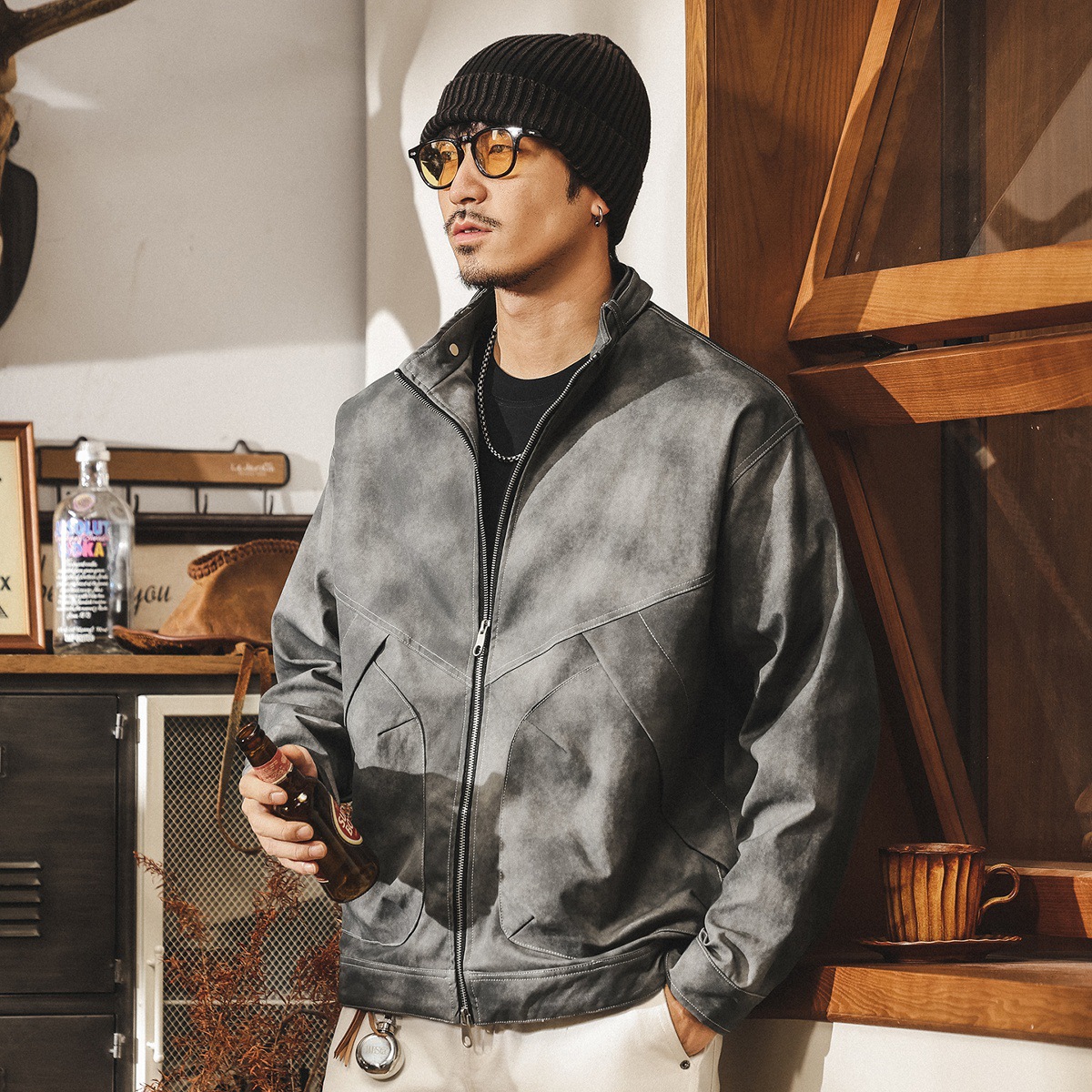 美式復古髒染潮流立領夾克男春秋2025新款寬鬆潮牌男士外套秋季潮