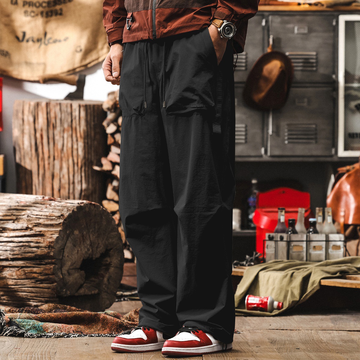 杏色薄款休閒長褲男寬鬆直筒潮牌男士褲子夏季戶外速幹工裝傘兵褲