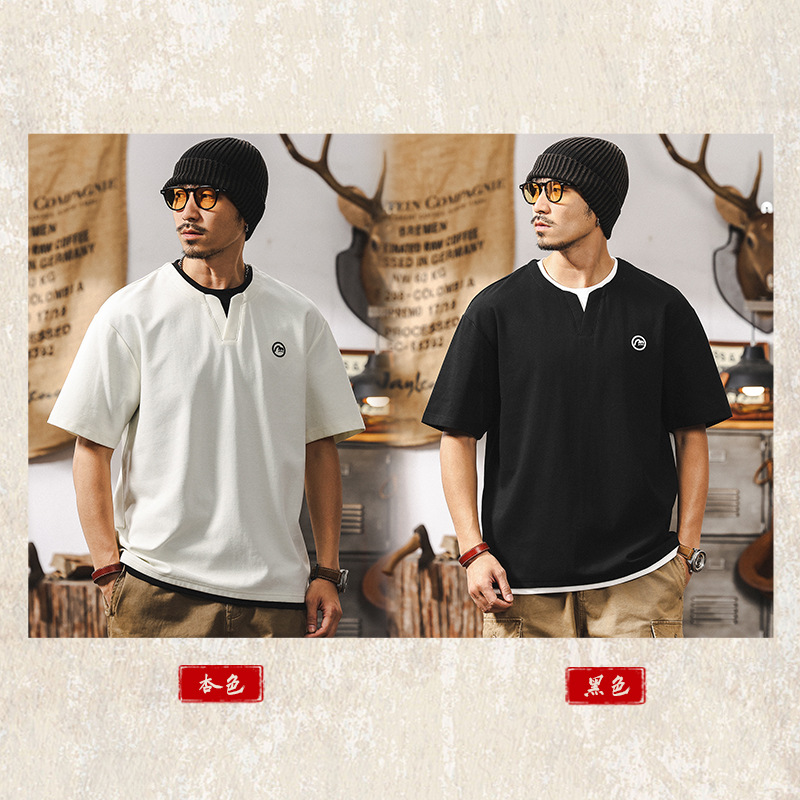 假兩件T恤2025新款短袖男夏季美式復古潮牌撞色疊穿涼感休閒上衣