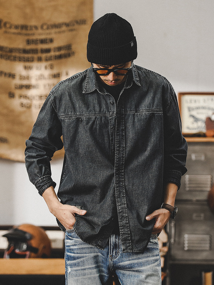 美式重磅復古牛仔襯衫男長袖高級感潮牌寬鬆男士工裝襯衣春季外套