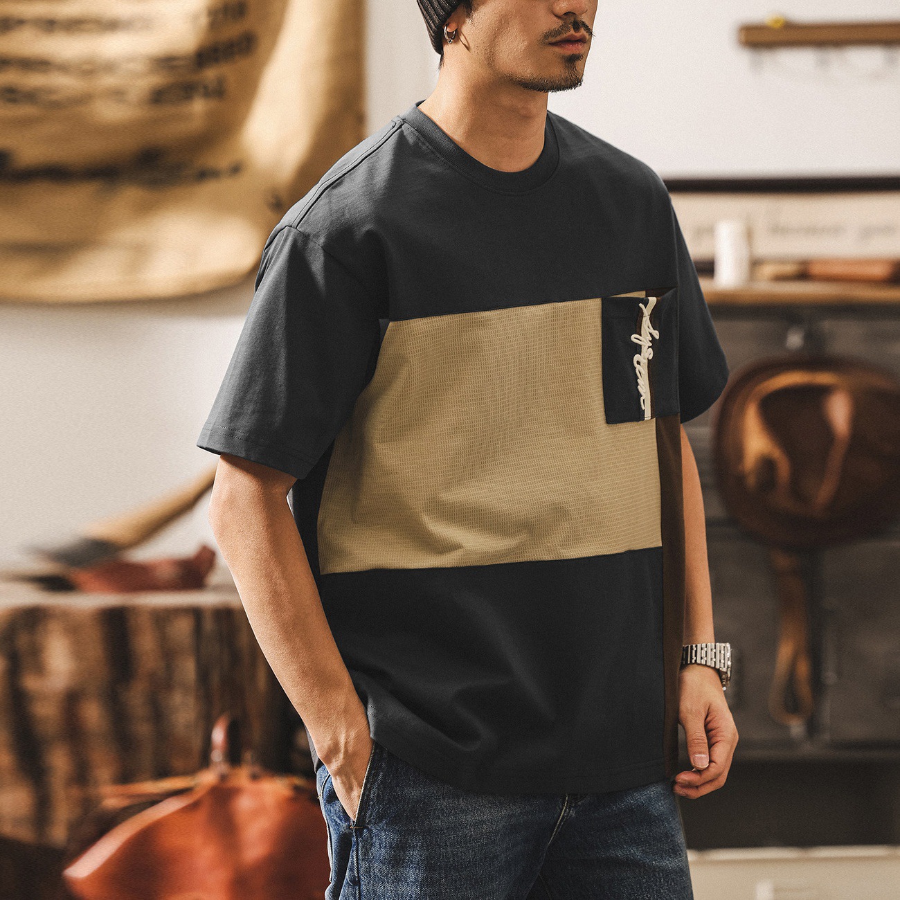 美式復古300g重磅T恤男士短袖2026新款夏季潮流撞色拼接寬鬆上衣