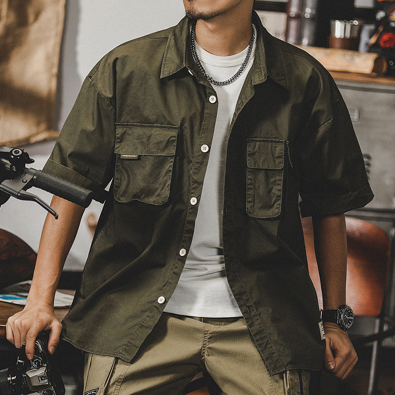 美式復古工裝襯衫男短袖夏季水洗做舊廓形寬鬆日系大碼襯衣男上衣