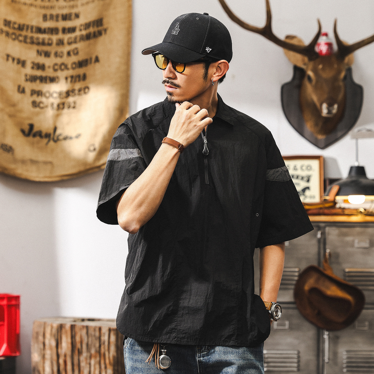 美式復古半拉鍊男士polo衫短袖男夏季薄款彈力戶外機能速乾T恤男